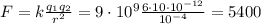 F = k\frac{q_1q_2}{r^2} = 9\cdot10^9\frac{6\cdot10\cdot10^{-12}}{10^{-4}} = 
5400