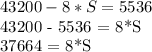 43200 -8*S = 5536 

43200 - 5536 = 8*S 

37664 = 8*S