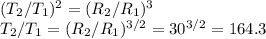 (T_2/T_1)^2 = (R_2/R_1)^3\\
T_2/T_1 = (R_2/R_1)^{3/2} = 30^{3/2} = 164.3
