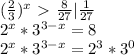 ( \frac{2}{3} )^x\ \textgreater \ \frac{8}{27} | \frac{1}{27}

2^x* 3^{3-x} =8

2^x* 3^{3-x} =2^3*3^0
