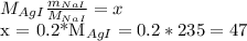 M_{AgI}} \frac{m_{NaI}}{M_{NaI}} = x

x = 0.2*M_{AgI} = 0.2*235 = 47