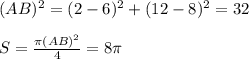 (AB)^2 = (2-6)^2+(12-8)^2 = 32\\\\
S = \frac{\pi (AB)^2}{4} = 8\pi