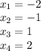 \\ 
x_1=-2 \\ 
x_2 =-1 \\ 
x_3=1 \\ 
x_4=2