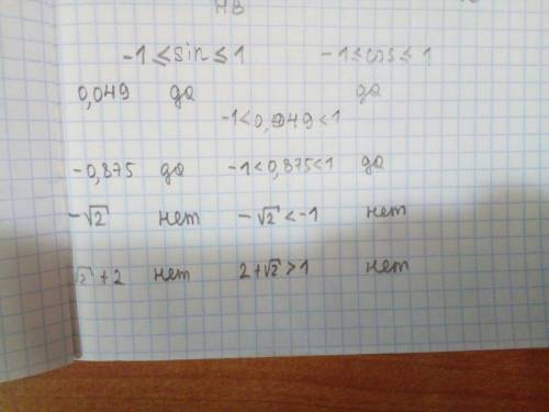 Выяснить,может ли sin a и cos a быть равным : 0, 049 ; -0,875 ; -корень из 2; 2+ корень из 2