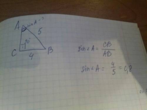 Втреугольнике авс угол с +90 гр ав=5см вс 4см найти sin угла а