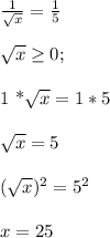 \frac{1}{ \sqrt{x} } = \frac{1}{5} \\ \\ 
 \sqrt{x} \geq 0 ; \\ 

1 *\sqrt{x} = 1*5 \\ \\ 
 \sqrt{x} =5 \\ \\
( \sqrt{x} )^2 = 5^2 \\ \\ 
x=25