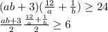 (ab+3)( \frac{12}{a}+ \frac{1}{b} ) \geq 24 \\ 
 \frac{ab+3}{2} \frac{ \frac{12}{a}+ \frac{1}{b}}{2} \geq 6
