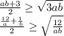 \frac{ab+3}{2} \geq \sqrt{3ab} \\ 
\frac{ \frac{12}{a}+ \frac{1}{b}}{2} \geq \sqrt{ \frac{12}{ab} }