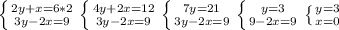 \left \{ {{2y+x=6} * 2 \atop {3y-2x=9}} \right. 
 \left \{ {{4y+2x=12} \atop {3y-2x=9}} \right. 
 \left \{ {{7y=21} \atop {3y-2x=9}} \right. 
 \left \{ {{y=3} \atop {9-2x=9}} \right. \left \{ {{y=3} \atop {x=0}} \right.
