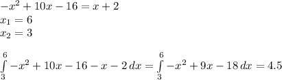 -x^2+10x-16=x+2 \\ 
 x_{1} =6 \\ 
 x_{2}=3 \\ \\ 
 \int\limits^6_3 {-x^2+10x-16-x-2} \, dx = \int\limits^6_3 {-x^2+9x-18} \, dx =4.5