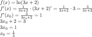 f(x)=\ln(3x+2)
\\\
f'(x)= \frac{1}{3x+2} \cdot(3x+2)'=\frac{1}{3x+2} \cdot3=\frac{3}{3x+2} 
\\\
f'(x_0)= \frac{3}{3x_0+2} =1
\\\
3x_0+2=3
\\\
3x_0=1
\\\
x_0= \frac{1}{3}