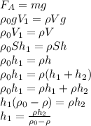 F_{A}=mg \\
\rho_{0}gV_{1}=\rho Vg \\
\rho_{0}V_{1}=\rho V\\
\rho_{0}Sh_{1}=\rho Sh\\
\rho_{0}h_{1}=\rho h \\
\rho_{0}h_{1}=\rho(h_{1}+h_{2}) \\
\rho_{0}h_{1}=\rho h_{1}+\rho h_{2}\\
h_{1}(\rho_{0}-\rho)=\rho h_{2}\\
h_{1}=\frac{\rho h_{2}}{\rho_{0}-\rho}