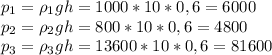 p_{1}=\rho_{1}gh=1000*10*0,6=6000\\
p_{2}=\rho_{2}gh=800*10*0,6=4800\\
p_{3}=\rho_{3}gh=13600*10*0,6=81600\\