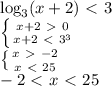 \log_3(x+2)\ \textless \ 3\\
 \left \{ {{x+2\ \textgreater \ 0} \atop {x+2\ \textless \ 3^3}} \right. \\
 \left \{ {{x\ \textgreater \ -2} \atop {x\ \textless \ 25}} \right. \\
-2\ \textless \ x\ \textless \ 25
