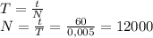 T=\frac{t}{N}\\
N=\frac{t}{T}=\frac{60}{0,005}=12000