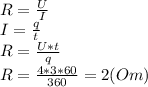 R= \frac{U}{I} \\ 
I= \frac{q}{t} \\ 
R= \frac{U*t}{q} \\ 
R= \frac{4*3*60}{360} = 2 (Om)
