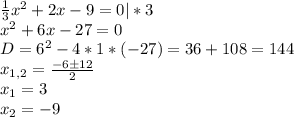 \frac{1}{3} x^2+2x-9=0|*3\\
x^2+6x-27=0\\
D=6^2-4*1*(-27)=36+108=144\\
x_{1,2}= \frac{-6\pm12}{2} \\
x_1=3\\
x_2=-9