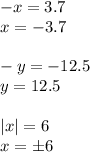 -x=3.7
\\x=-3.7
\\\\-y=-12.5\\y=12.5
\\\\|x|=6
\\x=\pm6
