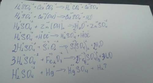 Уравнять н2so4+caco3,h2so4+cu(oh)2,h2so4+zn(oh)2,h2so4+hci,h2so4+sio2,h2so4+fe2o3,h2so4+hg.
