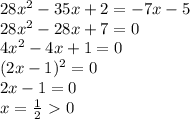 28x^2 -35x +2 =-7x-5
\\\
28x^2 -28x +7=0
\\\
4x^2 -4x +1=0
\\\
(2x-1)^2=0
\\\
2x-1=0
\\\
x= \frac{1}{2} \ \textgreater \ 0