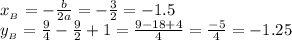 x_{_B}=-\frac{b}{2a}=-\frac{3}{2}=-1.5
\\y_{_B}=\frac{9}{4}-\frac{9}{2}+1=\frac{9-18+4}{4}=\frac{-5}{4}=-1.25