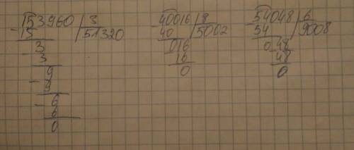 Решить примеры а столбик. 153960: 3 ; 40016: 8 ; 54048: 6.