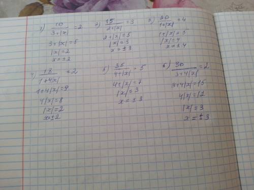 Решите уравнение: 20 . 1) 10/3+|х|=2 2) 15/2+|х|=3 3) 20/1+|х|=4 4) 18/1+4|х|=2 5) 35/4+3|х|=5 6) 30
