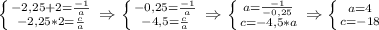 
 \left \{ {{-2,25+2=\frac{-1}{a}} \atop {-2,25*2=\frac{c}{a}}} \right. \Rightarrow \left \{ {{-0,25=\frac{-1}{a}} \atop {-4,5=\frac{c}{a}}} \right.\Rightarrow \left \{ {a=\frac{-1}{-0,25} \atop {c=-4,5*a}} \right. \Rightarrow \left \{ {a=4} \atop {c=-18}} \right.