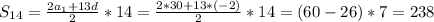 S_{14}= \frac{2a_1+13d}{2}*14= \frac{2*30+13*(-2)}{2}*14=(60-26)*7=238 
