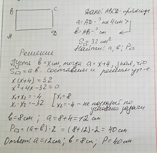 Площадь прямоугольника, одна из сторон которого на 4 см больше другой, равнв 32 см. найдите стороны