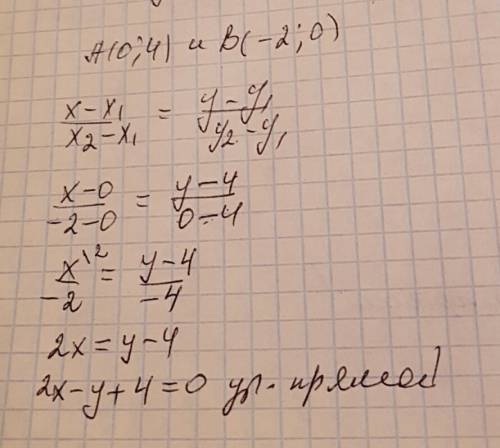 1.составьте уравнение прямой, проходящей через точки: a (0; 4) и b (-2; 0).