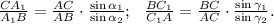 \frac{CA_1}{A_1B}=\frac{AC}{AB}\cdot \frac{\sin\alpha_1}{\sin \alpha_2}; \ \
\frac{BC_1}{C_1A}=\frac{BC}{AC}\cdot \frac{\sin \gamma_1}{\sin \gamma_2}.