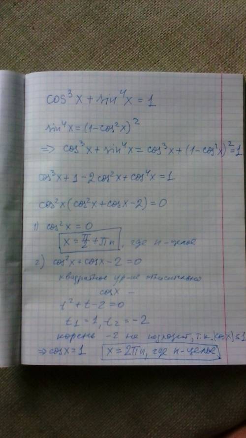 Решить уравнение cos^3(x)+sin^4(x)=1
