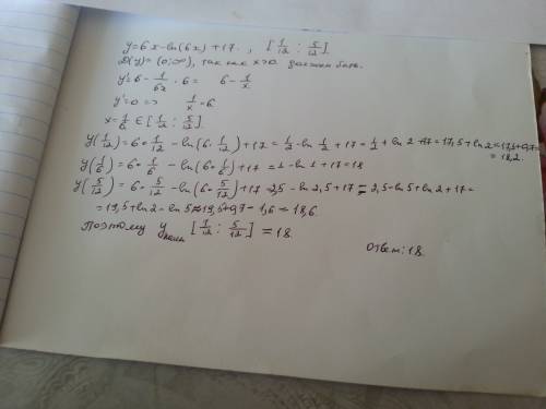 Y=6x-ln (6x)+17 найти наименьшее значение на отрезке[ 1/12 ▪5\12]