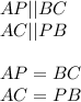 AP || BC \\
 AC || PB \\ \\ 
 AP= BC \\ 
 AC = PB 
