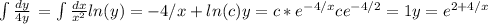 \int { \frac{dy}{4y} } \,= \int{ \frac{dx}{x^2} }
 ln(y)=-4/x+ln(c)
 y=c*e^{-4/x}
 ce^{-4/2}=1
 y=e^{2+4/x}