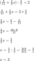 ( \frac{8}{15} + \frac{2}{9} x) : \frac{3}{5} =2 \\ \\ 
 \frac{8}{15} + \frac{2}{9}x =2 * \frac{3}{5} \\ \\ 
 \frac{2}{9}x = \frac{6}{5} - \frac{8}{15} \\ \\ 
 \frac{2}{9} x= \frac{18-8}{15} \\ \\ 
 \frac{2}{9}x= \frac{2}{3} \\ \\ 
x= \frac{2}{3} : \frac{2}{9} = \frac{2*9}{3*2}= \frac{3}{1} \\ \\ 
x=3