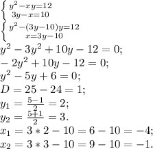\left \{ {{y^2-xy=12} \atop {3y-x=10}} \right. \\ 
 \left \{ {{y^2-(3y-10)y=12} \atop {x=3y-10}} \right. \\ 
 y^2-3y^2+10y-12=0; \\ 
-2y^2+10y-12=0; \\ 
y^2-5y+6=0; \\ 
D=25-24=1; \\ 
y_{1}= \frac{5-1}{2}=2; \\ 
 y_{2}= \frac{5+1}{2}=3. \\ 
 x_{1}=3*2-10=6-10=-4; \\ 
 x_{2}=3*3-10=9-10=-1. 
