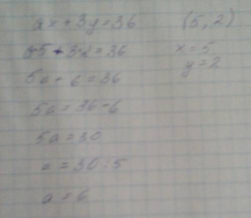 Найдите значение коэффициента а в уравнении ах+3у=36,если известно ,что(5; 2)-решение этого уравнени