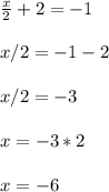 \frac{x}{2} + 2 = -1 \\ \\
x/2 = -1 -2 \\ \\
x/2 = -3 \\ \\
x = -3 * 2 \\ \\
x = -6