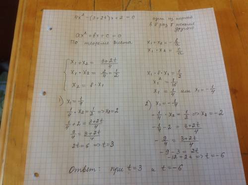 2. при каких значениях параметра t один их корней уравнения 4х^2 – (3 + 2 t) х + 2 = 0 в 8 раз меньш