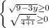 \left \{ {{\sqrt{9-3y} \geq 0} \atop {\sqrt{\frac{y}{4+1}} \geq 0} \right. \\ \\
