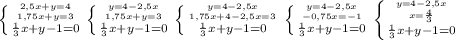 \left \{ {{2,5x+y=4} \atop 1,75x+y=3} \atop {\frac{1}{3} x+y-1=0}}} \right. 
 \left \{ {{y=4-2,5x} \atop 1,75x+y=3} \atop {\frac{1}{3} x+y-1=0}}} \right. 
 \left \{ {{y=4-2,5x} \atop 1,75x+4-2,5x=3} \atop {\frac{1}{3} x+y-1=0}}} \right. 
 \left \{ {{y=4-2,5x} \atop -0,75x=-1} \atop {\frac{1}{3} x+y-1=0}}} \right. 
 \left \{ {{y=4-2,5x} \atop x= \frac{4}{3} } \atop {\frac{1}{3} x+y-1=0}}} \right.