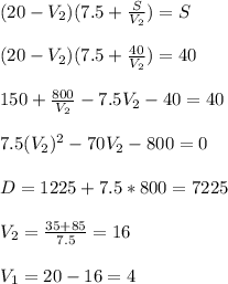 (20-V_2)(7.5+\frac{S}{V_2} )=S \\ \\ 
(20-V_2)(7.5+\frac{40}{V_2} )=40
 \\ \\ 150+ \frac{800}{V_2} -7.5V_2-40=40 
\\ \\ 7.5(V_2)^2-70V_2-800=0
 \\ \\ D=1225+7.5*800=7225 \\ \\ 
V_2 =\frac{35+85}{7.5} =16 \\ \\ 
V_1=20-16=4
