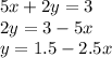 5x+2y=3 \\
2y=3-5x \\
y=1.5-2.5x \\