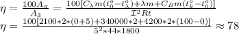 \eta= \frac{100A_\pi}{A_3}= \frac{100[C_\lambda m(t_0^o-t_\lambda^o)+\lambda m+C_Bm(t_k^o-t_0^o)]}{\mathcal{I}^2Rt}\\
\eta = \frac{100[2100*2*(0+5)+340000*2+4200*2*(100-0)]}{5^2*44*1800}\approx 78