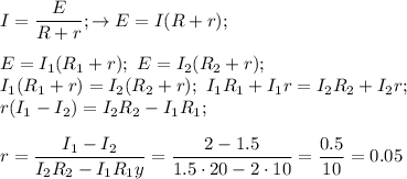 \displaystyle I= \frac{E}{R+r}; \to E=I(R+r); \\ \\ E= I_1(R_1+r); \ E=I_2(R_2+r); \\ 
 I_1(R_1+r)= I_2(R_2+r); \ I_1R_1+I_1r=I_2R_2+I_2r; \\ 
r(I_1-I_2)=I_2R_2-I_1R_1; \\ \\ r= \frac{I_1-I_2}{I_2R_2-I_1R_1y}= \frac{2-1.5}{1.5\cdot20-2\cdot10}= \frac{0.5}{10}=0.05