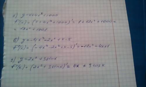 Найдите производную функции: а) y=4x^4-1/5x^5+x^2-3x б) y=x+4x^3+1000 в) y=-4x^3-2x^2+x-5 г) y=2x^2+