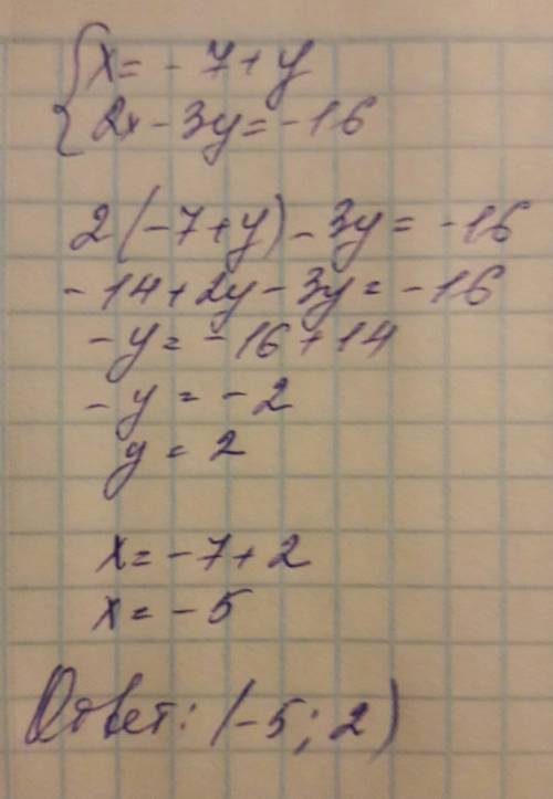 Найдите решение систем уравнений x=-7+y, 2x-3y=-16
