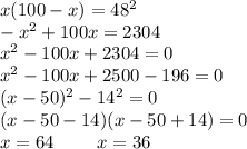 x(100 - x) = 48^2 \\ 
-x^2 + 100x = 2304 \\
x^2 - 100x + 2304 = 0 \\
x^2 - 100x + 2500 - 196 = 0 \\
(x - 50)^2 - 14^2 = 0 \\
(x - 50 - 14)(x - 50 + 14) = 0 \\ 
x = 64 \ \ \ \ \ \ \ x = 36